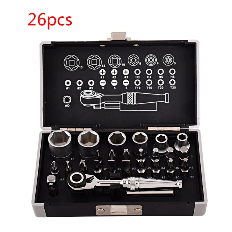 26pcs Mini Ratchet Wrench Socket Bits 1/4'' Drive Spanner Kit Tools for Bicycle Repairing