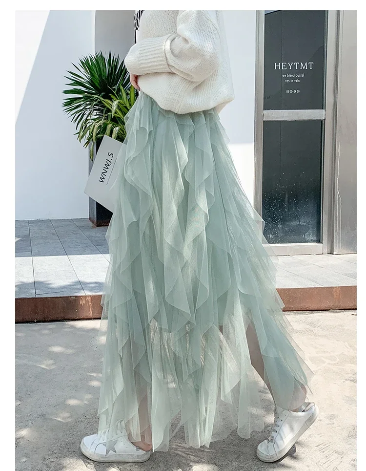 

Women Tutu Mesh Maxi Skirt Long Tulle Solid Irregular Casual Korean Skirts Lining High Waist Kawaii Bridesmaid Faldas P513