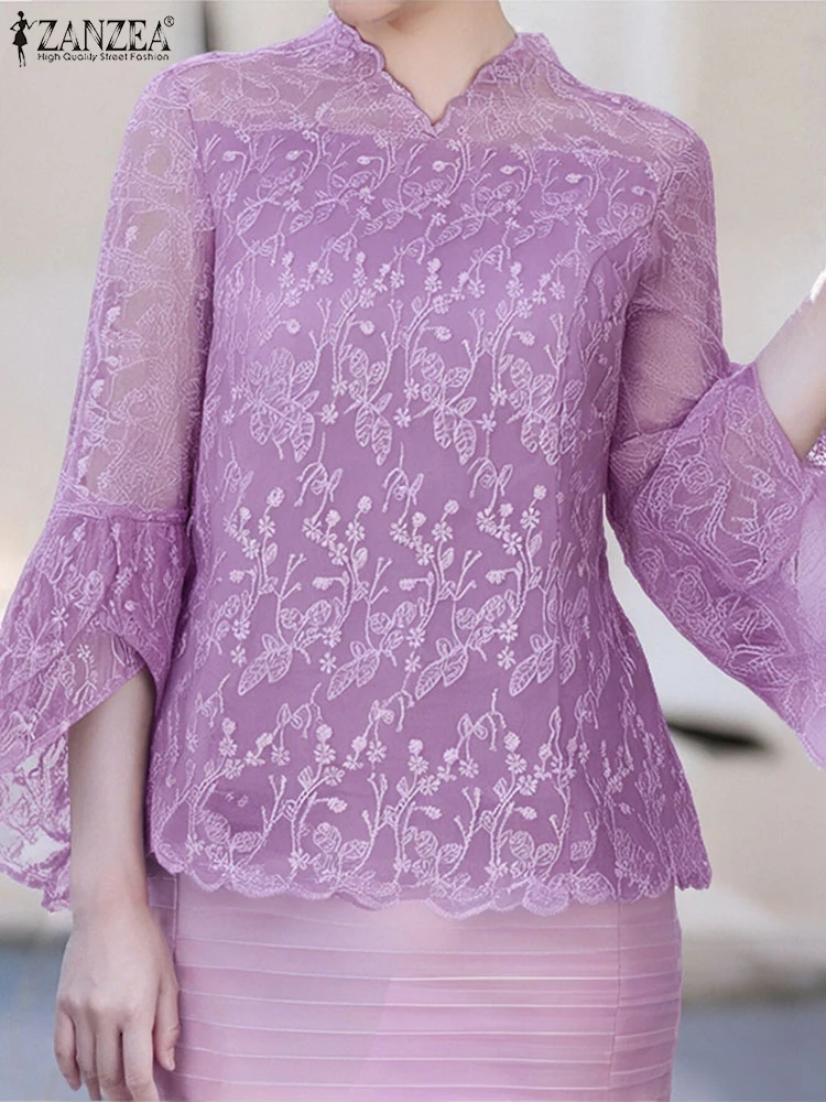 Autumn Blouse Women Hollow Out Lace Blusas Three Quarter Flare Sleeve Tops Stylish Casual Loose V Neck Blusas ZANZEA 2025