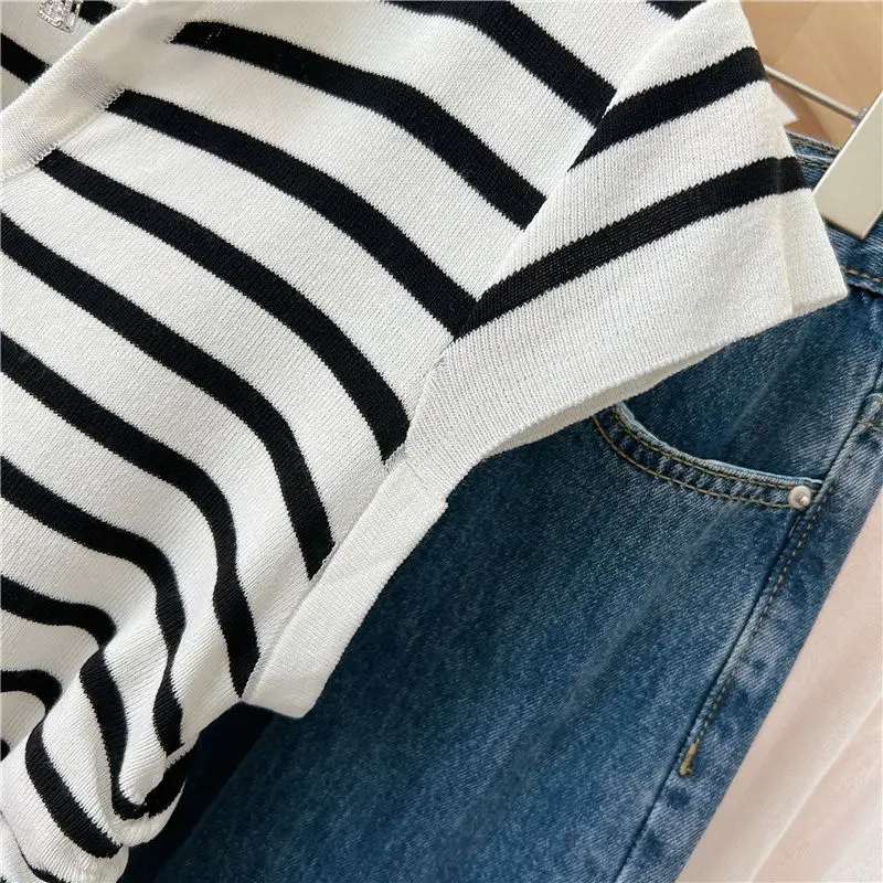 Temperament Simplicity Summer T-Shirts Women's V-Neck Striped Contrast Color Drawstring Fashion Loose Short Sleeve Knitting Tops