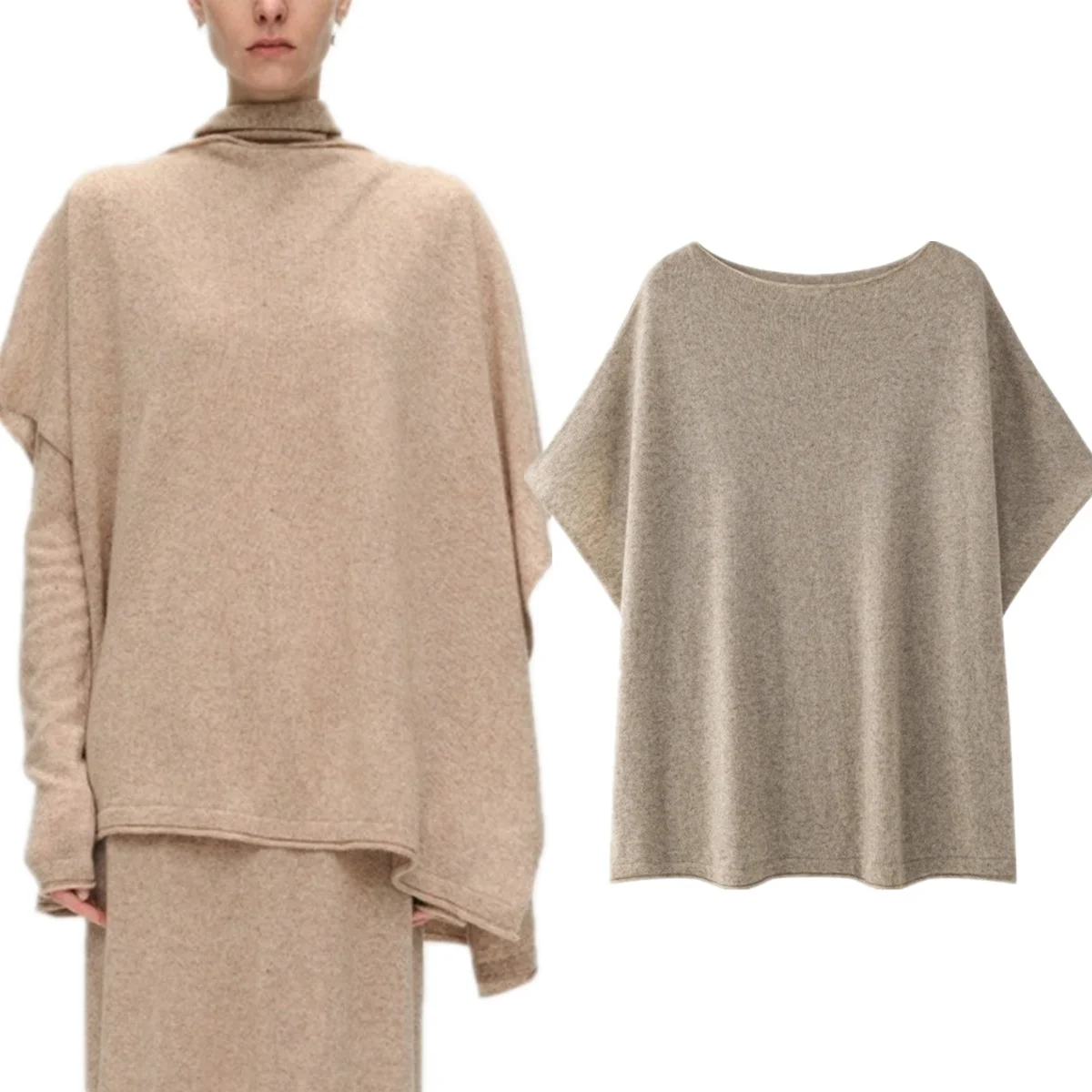 

Maxdutti French Fashion Elegant Sweaters Minimalist Lazy Silhouette Knitted Cape Pullover Tops Loose Batwing Sleeve Shirt