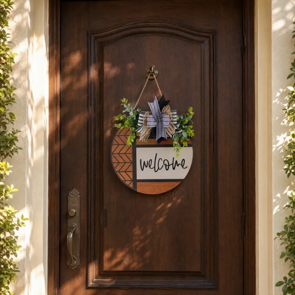 Ornaments Wooden Welcome Sign Artificial Plant Round Shape Door Wreath Bow Knot Welcome Wall Art Porch Decor