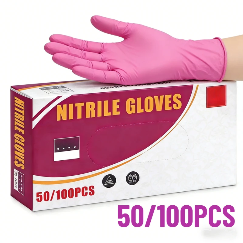 

50/100PCS Deep Pink Nitrile Gloves Household Cleaning Nitrile Gloves Dishwashing Beauty Hairdressing Multi-purpose Supplies