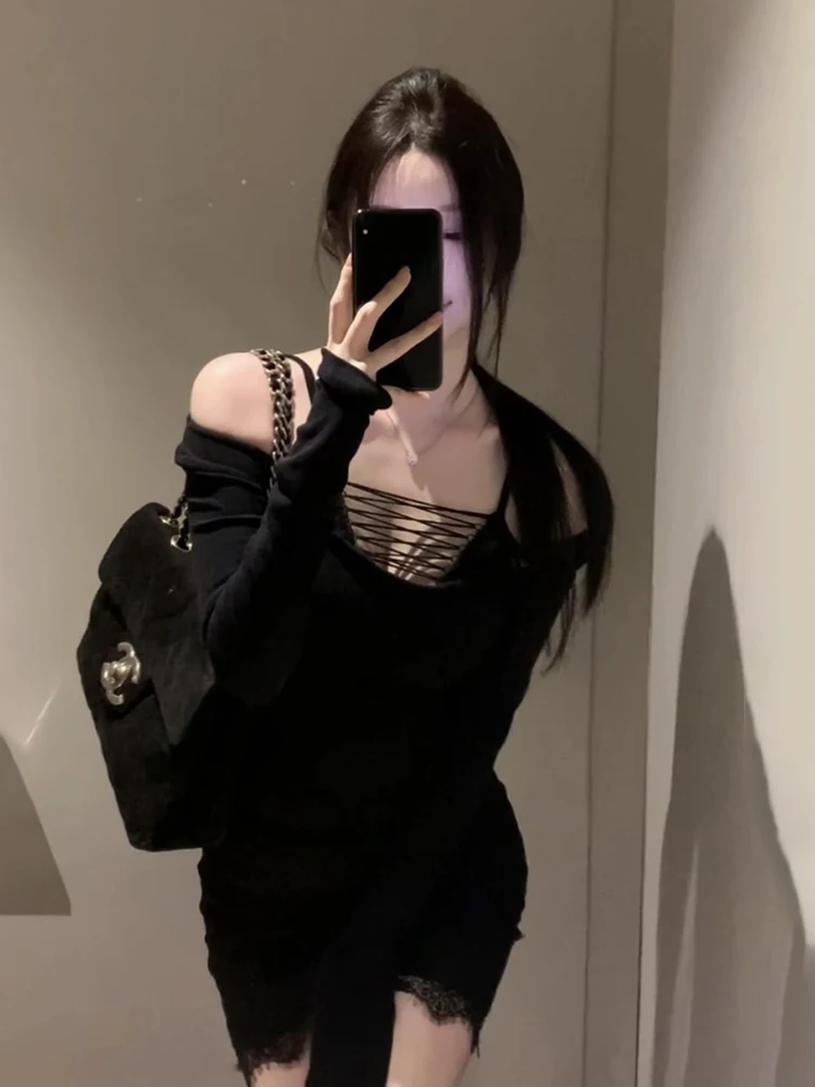 

plus Size Bla Sexy Base irt Set Women's Spring Faion Korean Sle High Waist V-Ne A-Line Skirt Casual Long Sve