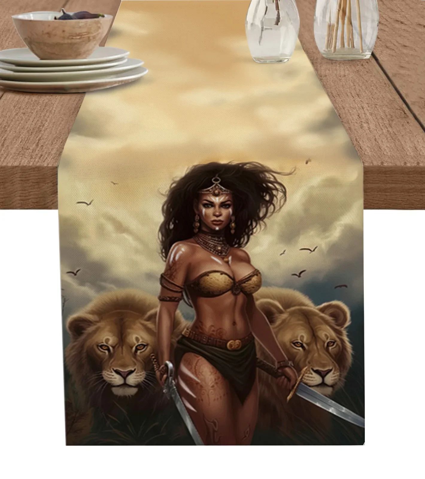 African Savanna Woman Lion Linen Table Runners Kitchen Table Decoration Accessories Dining Table Runner Wedding Party Supplies