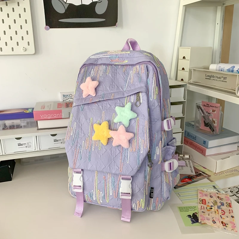 Shoulder Bag Nylon Star Decor Travel Bag for Women Adjustable Strap Schoolbag Kawaii Handbag for Spring Outings School