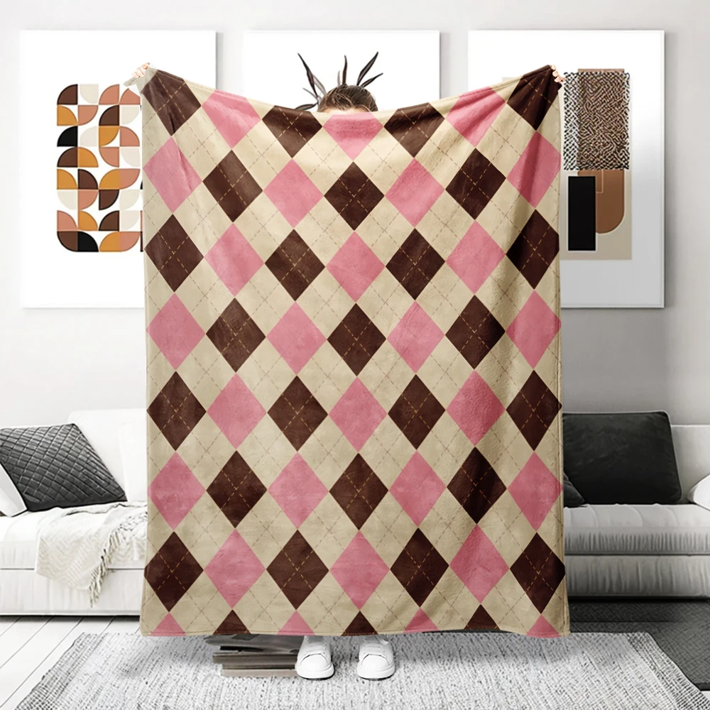 Pink Brown Argyle Plaid Flannel Blanket Perfect For Sofa Office Bed Travel Sleep Read Relax Camping Four Season Use