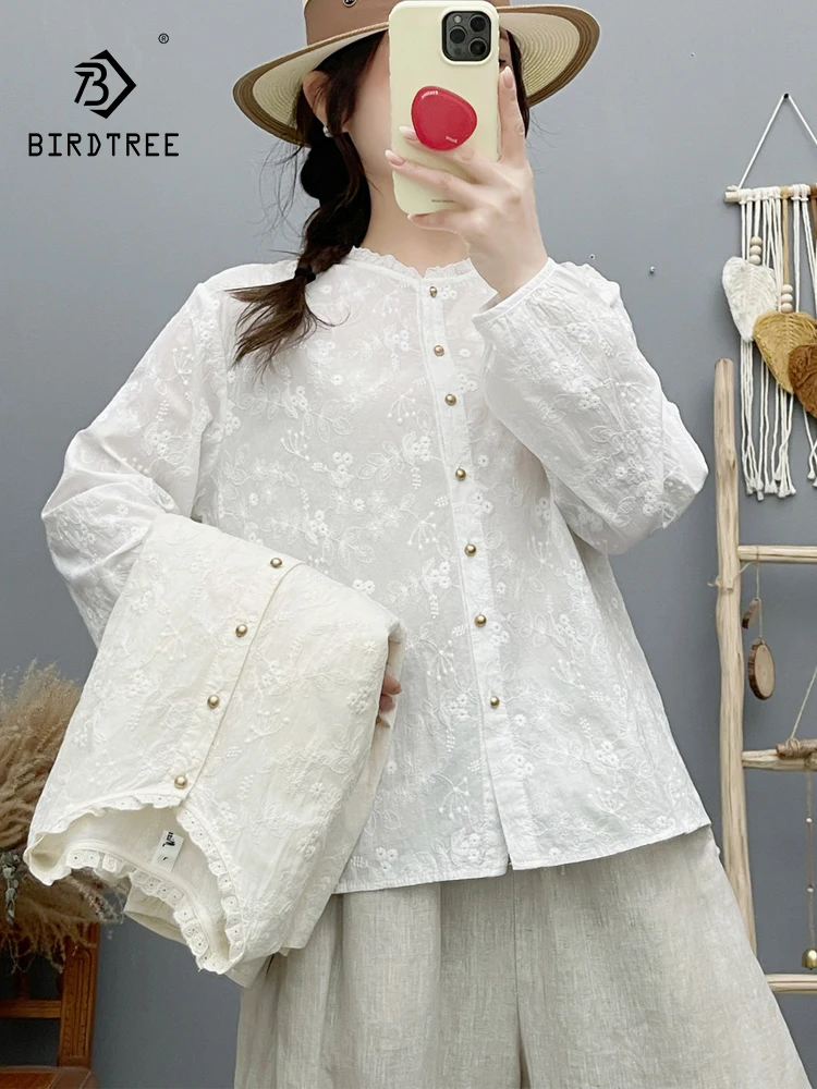 

Новая женская хлопковая блузка с длинным рукавом Весна 2026, с рюшами и вышивкой, в стиле Mori Girl, для повседневной носки, тонкая, свободного кроя T63023CC