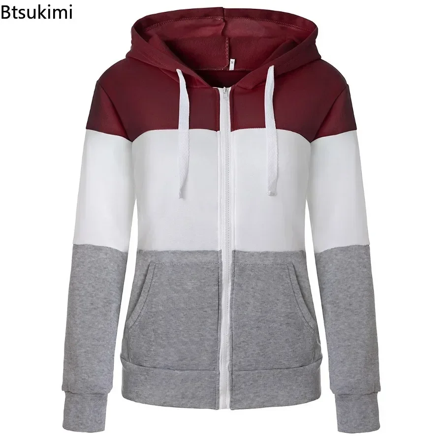 2025 Women\'s Long Sleeve Hoodies Fashion Splice Design Hooded Drawstring Sport Zip-up Coats Women Casual Color Block Sweatshirts