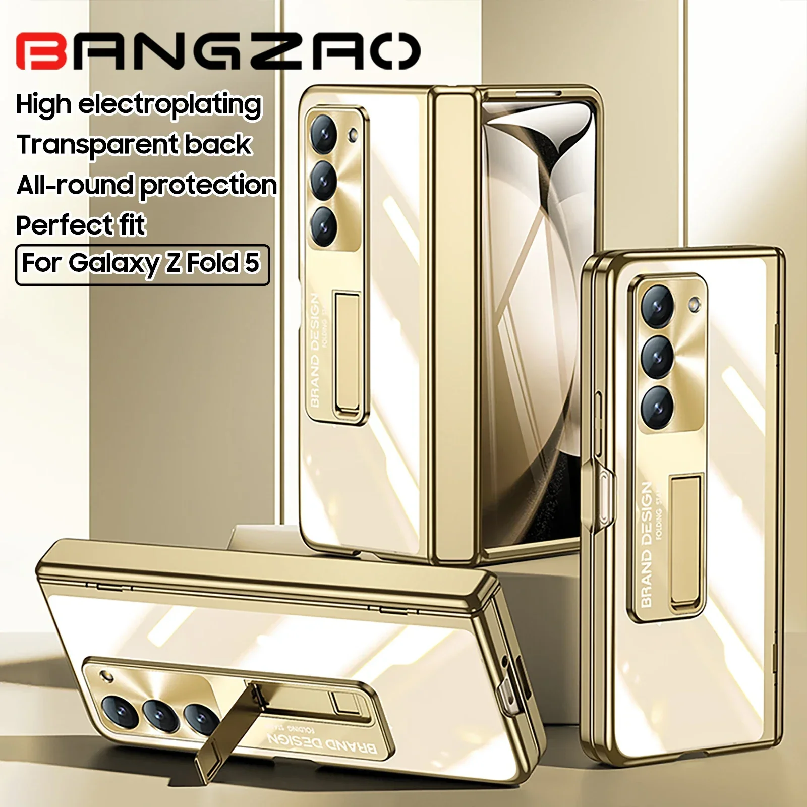 

for Samsung Galaxy Z Fold 5 Phone Case,with Kickstand,Integrated HD Protective film,Hinge Protection,Anti-scrach Case-Gold