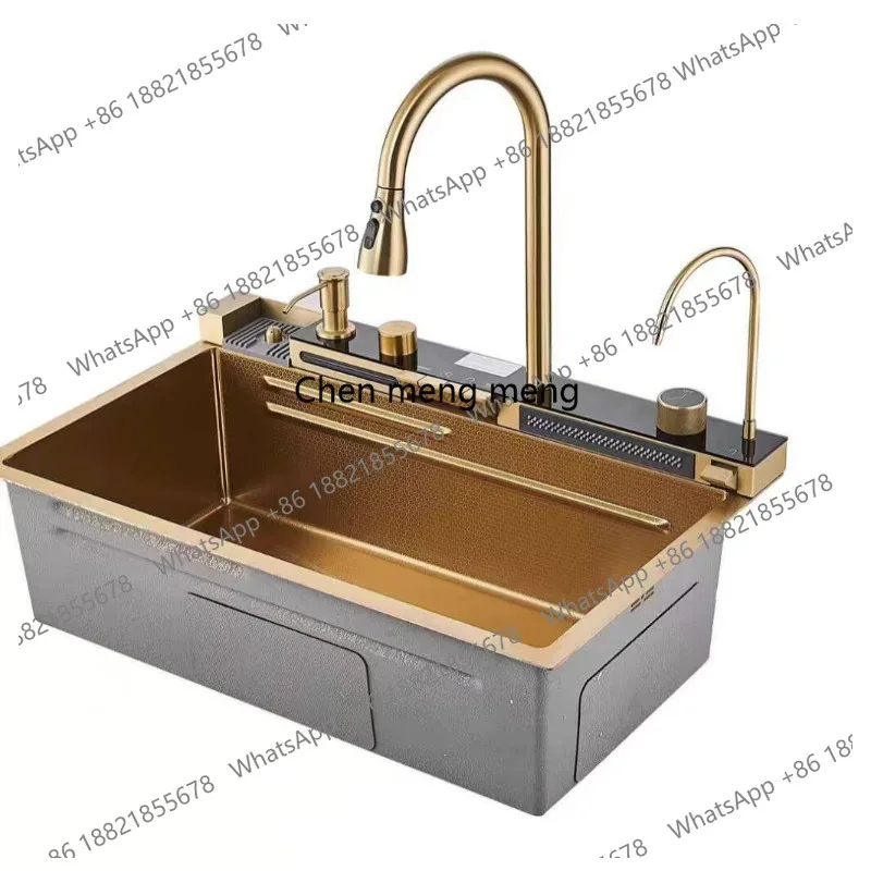High-end golden sink Feiyu double waterfall nano large single slot 304 stainless steel kitchen household vegetable basin