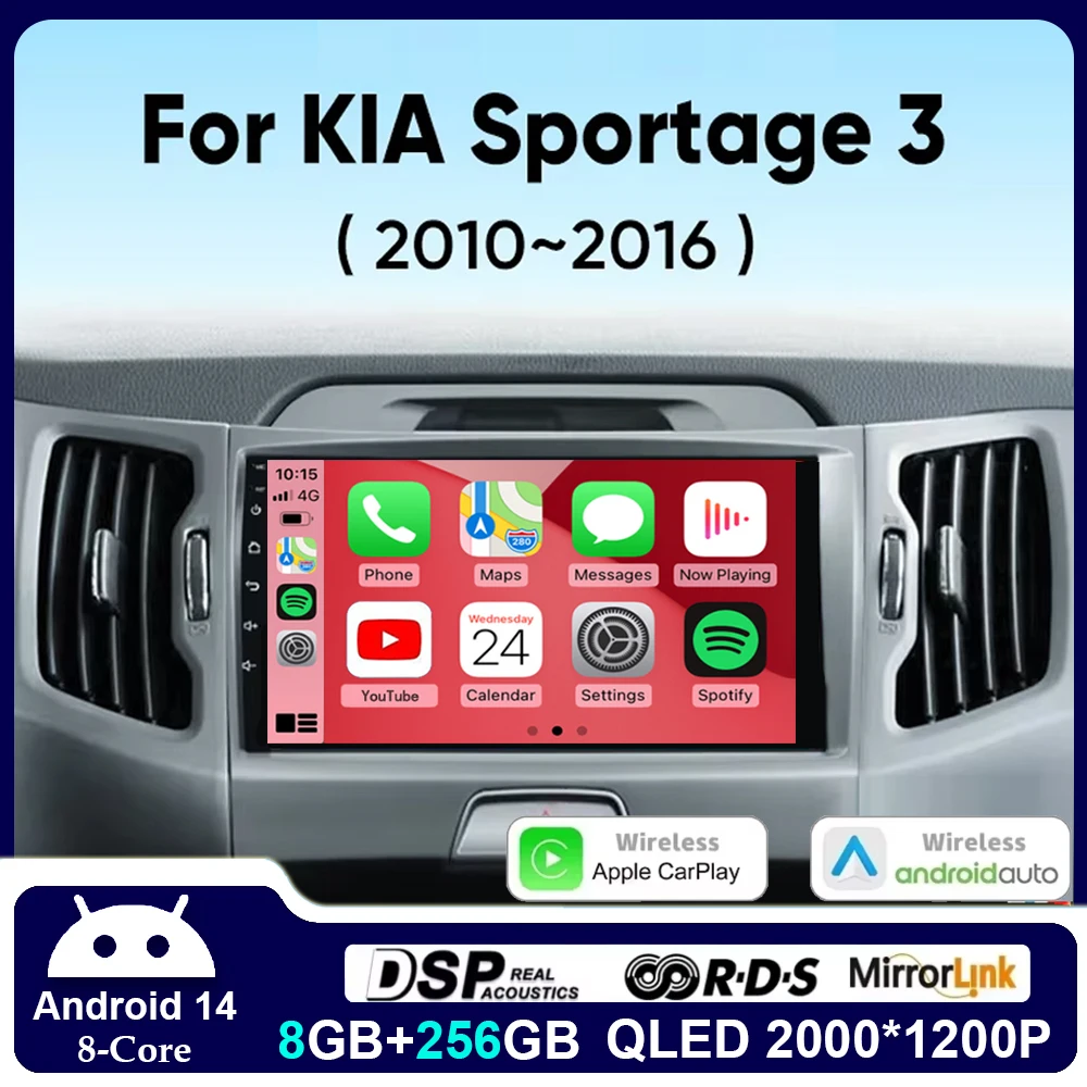 

Android 14 Car Radio Wireless Android Auto Carplay Multimedia For KIA Sportage 3 Sportage R 2010-2016 Player Car stereo 4G+WIFI
