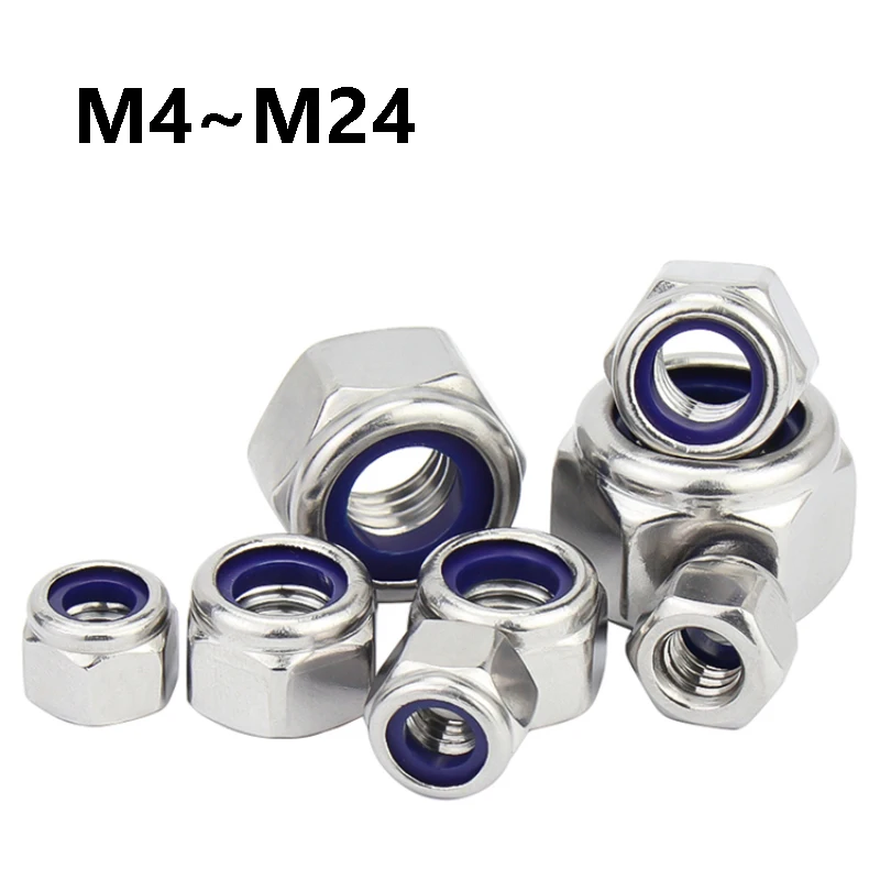 304 Stainless Steel Nylon Insert Hex Lock Nuts M4 M5-M24 Anti-Loosening Locknuts for Machinery Automotive DIY Repair Fasteners
