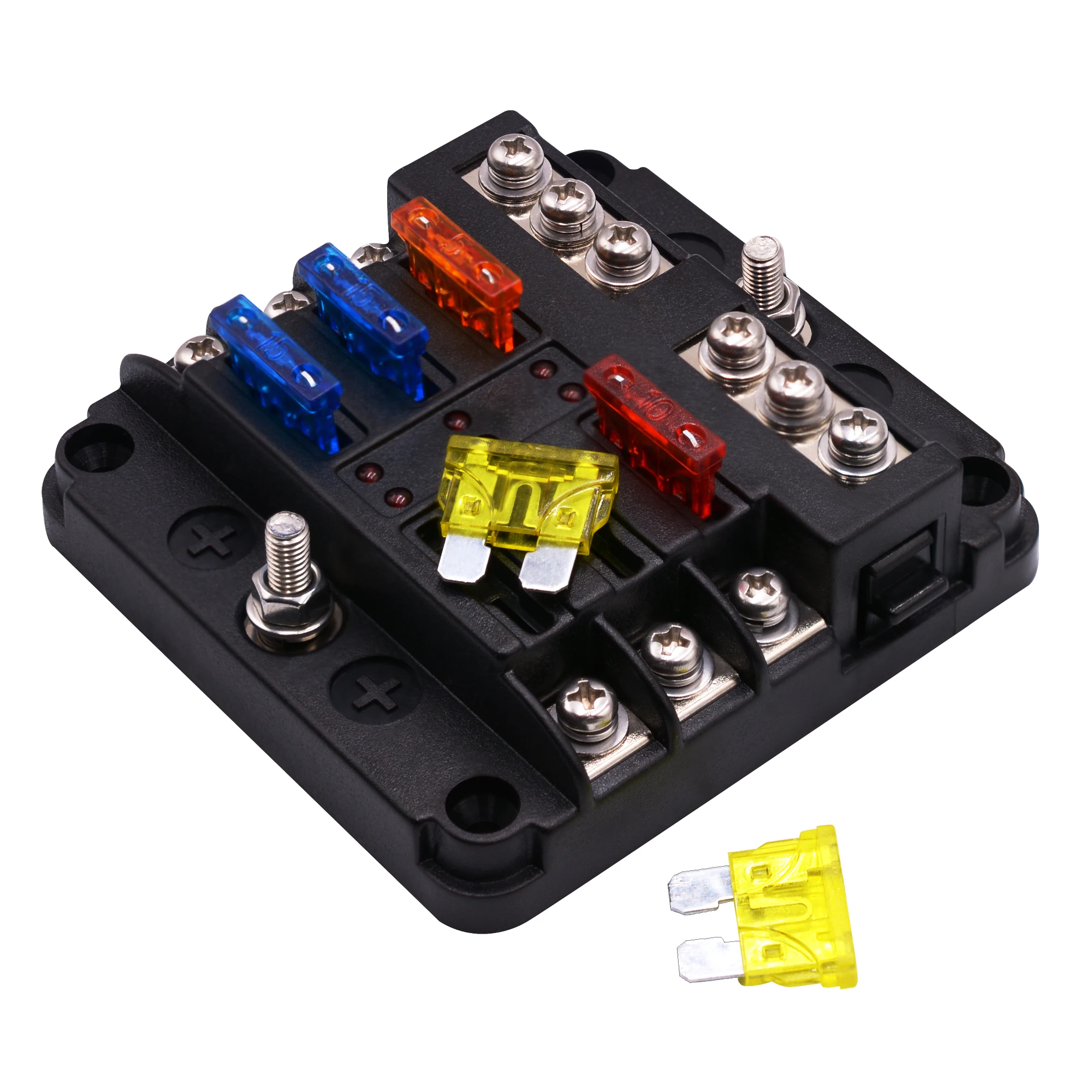 6-Way Protection Circuit Auto (Car) Blade Fuse Box Holder Block With Light And Negative