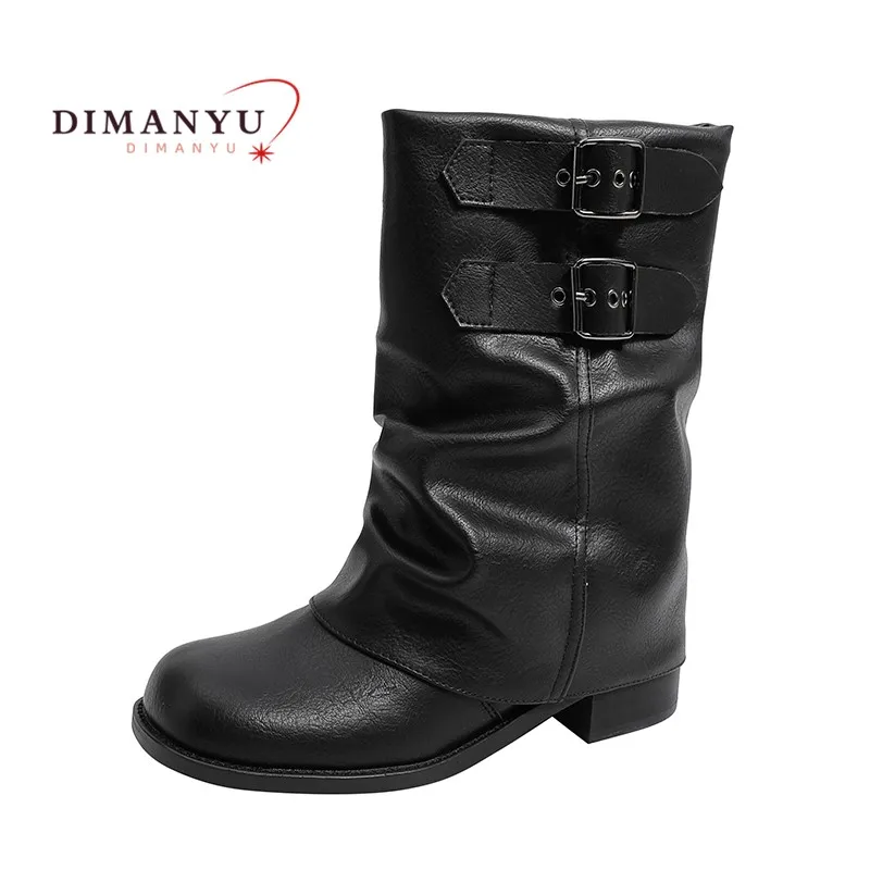 

DIMANYU Western Cowboy Boots Women Fall 2025 New Ruffled Round Toe Vintage Ladies Boots Large Size Block Heel Rider Boots Women
