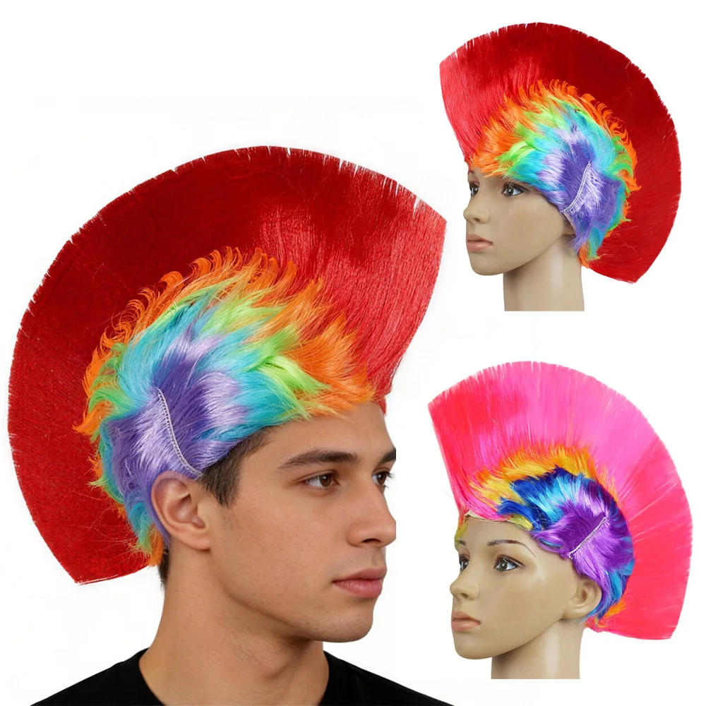 Rainbow Spiky Mohawk Punk Wig, Unisex Synthetic Mohican Cockscomb Hairpiece for Halloween Cosplay, Carnival, Sports Fan Costume
