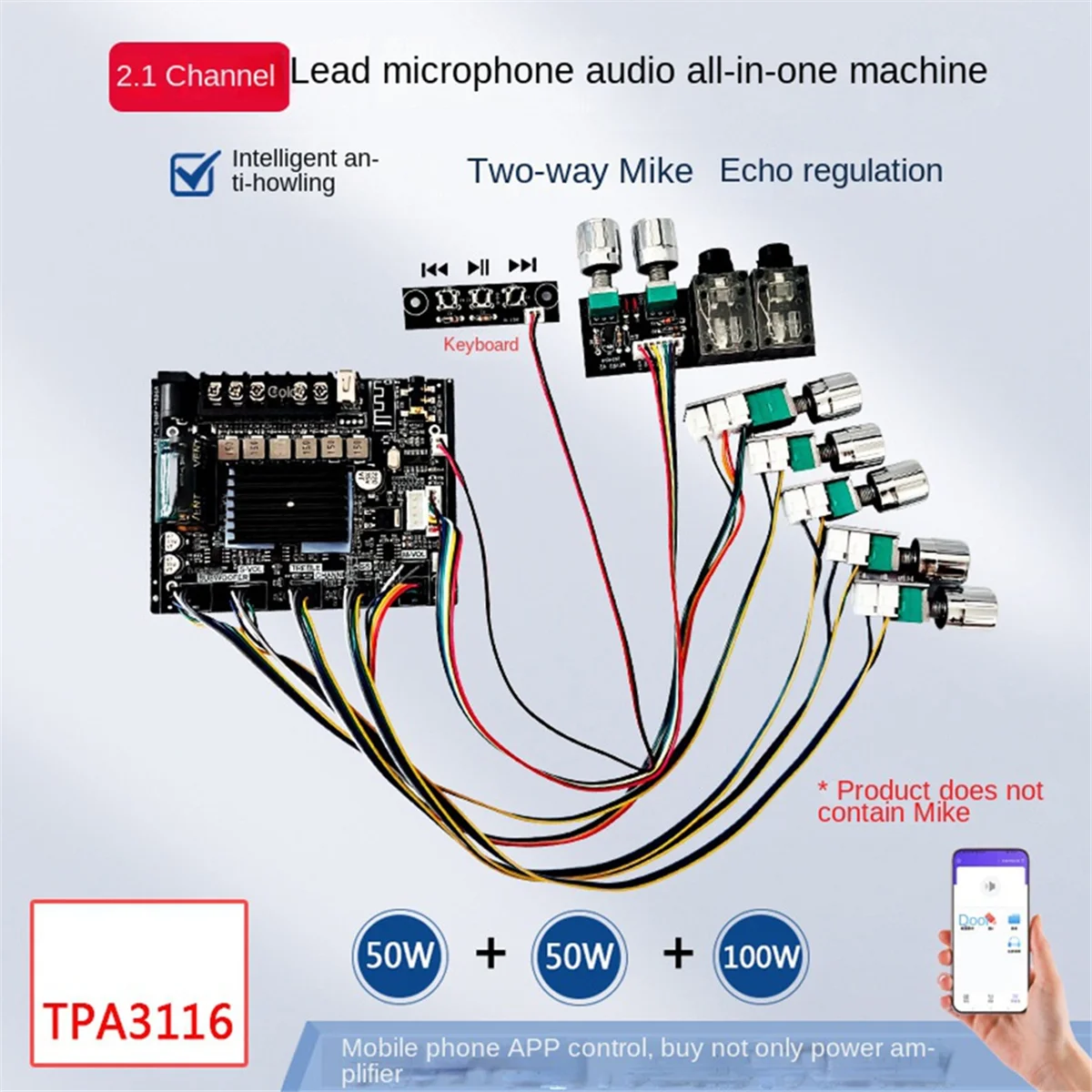 -MT21HS 2.1channel Bluetooth Audio Amplifier Board TPA3116D2 Module, Lead-Type KTV Microphone Audio Machine