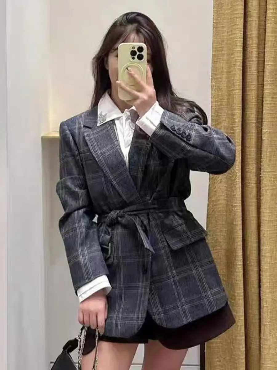 

Spring 2026 Women Plaid Suit Jacket Notched Collar Long Sleeve Single Buttons Fashion Ladies Suit
