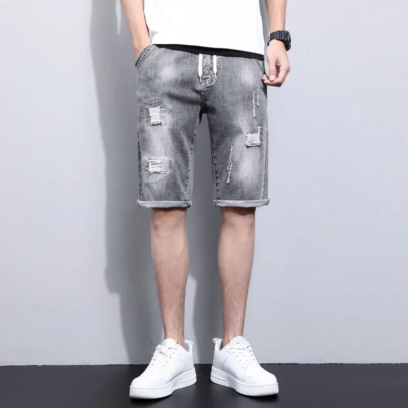 Man Denim Shorts Stretch Drawstring Ripped with Pockets Short Jeans Pants for Men Luxury Original Trend 2024 Rude Streetwear Emo