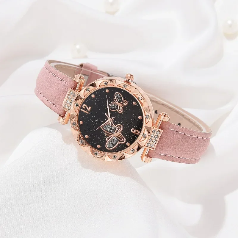 Purple Pink Women Watch Butterfly Element Black Dial Quartz Wristwatch Frosted Strap Watch Jewelry Accessories Gift for Girls