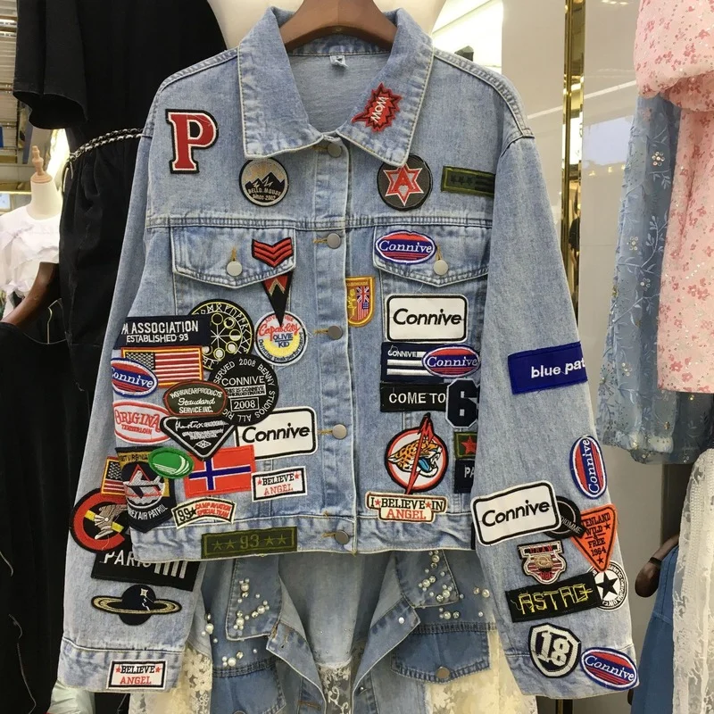 Men's Cartoon Anime Embroidery Patches Denim Jacket Women Streetwear Fashion Trend Loose Jean Jackets Coat Outerwear