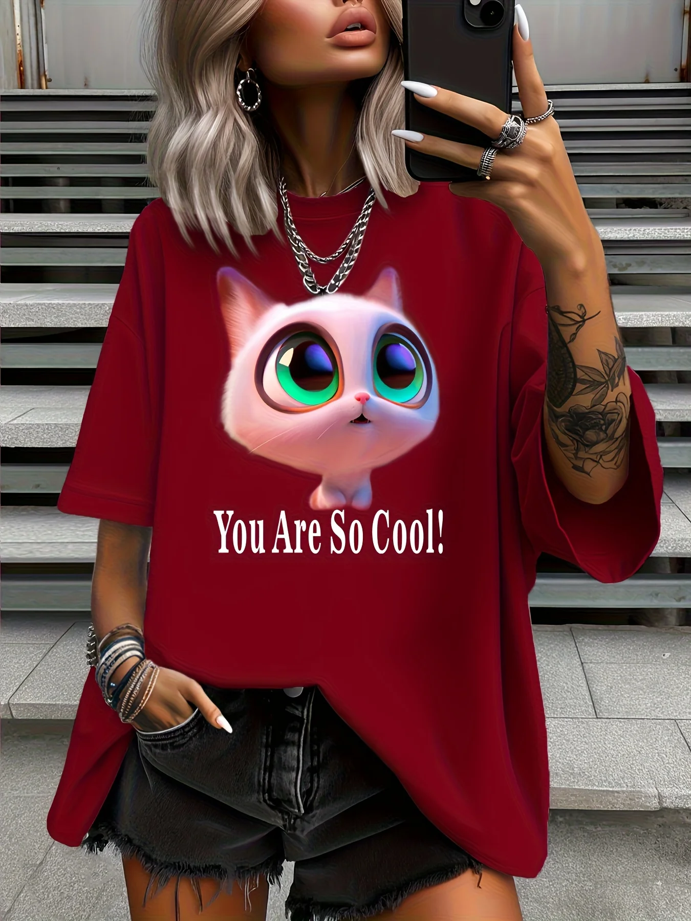 

Summer Plus Size Fashion Women's T-Shirt Original Design Cute Cartoon Pattern Print Women's Casual Round Neck Short Sleeved Tops