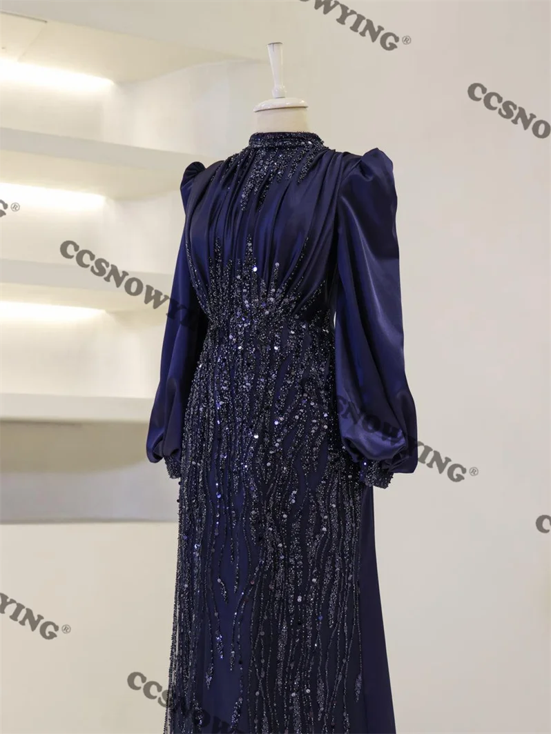 Satin Appliques Beaded Muslim Hijab Evening Dresses Full Sleeve Islamic Formal Party Gown Women Arabic Kaftan Robe De Soiree
