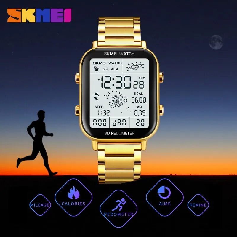 Skmei-relógio digital masculino com display de luz traseira, pedômetro, cronômetro, contagem regressiva, calendário, calendário, relógio