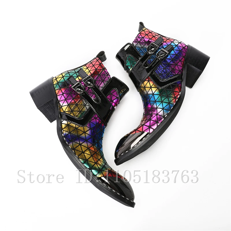 Men's Punk Style Shiny Colorful Ankle Boots Rainbow Geometric Print Metal Cap Toe Buckle Straps Side Zip Western Cowboy Boots