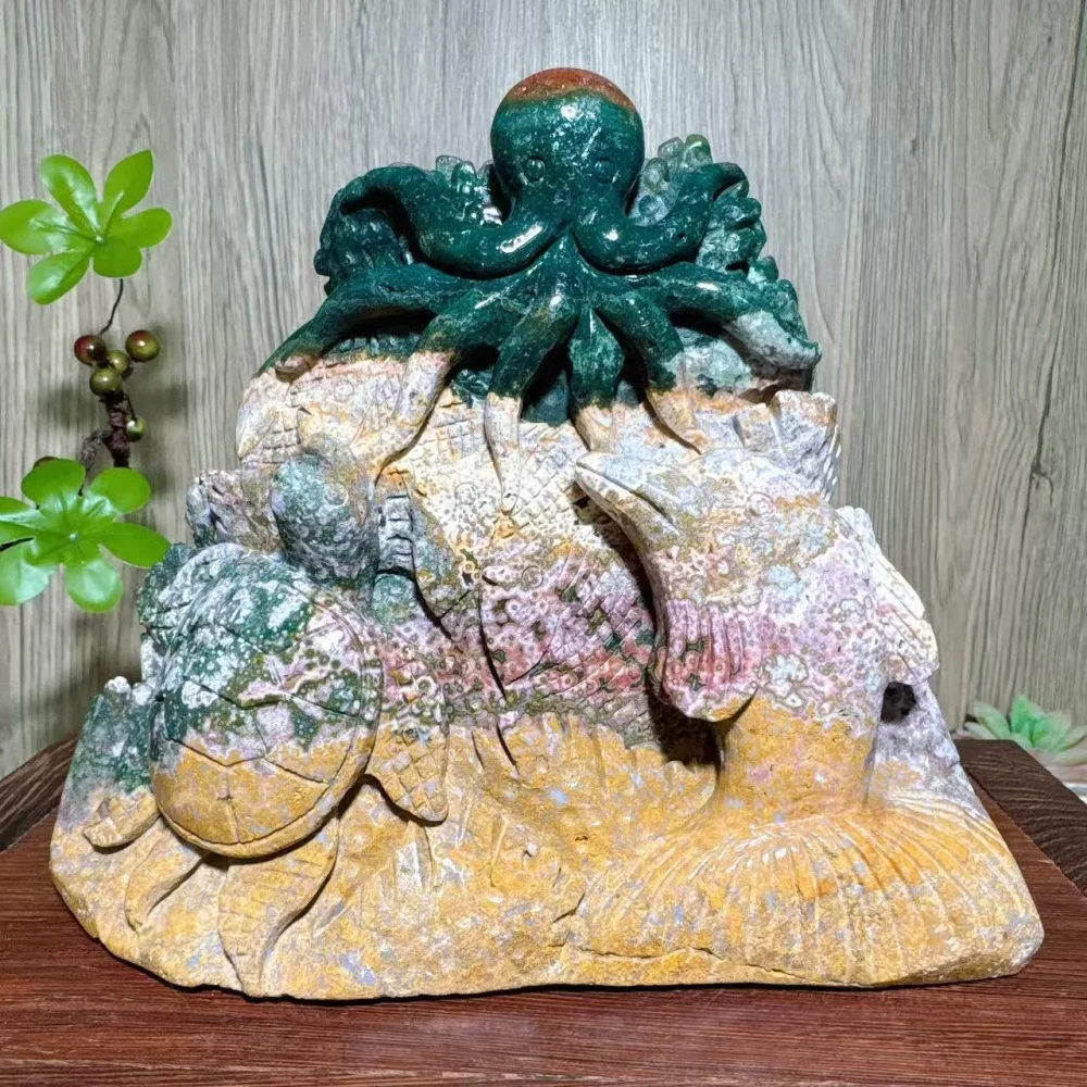 Natural Unqiue Handcarved Colourful Ocean Jasper Turtle Dolphin Fish Octopus Ocean World Carving Healing Crystal Home Decor Gift