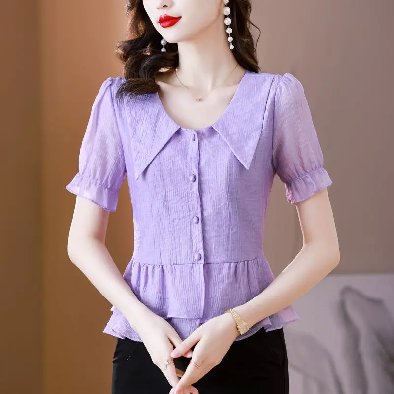 Women Summer Simplicity Fashion Loose Solid Color Peter Pan Collar Short Sleeve Chiffon Shirts Ladies Casual Appear Thin Tops