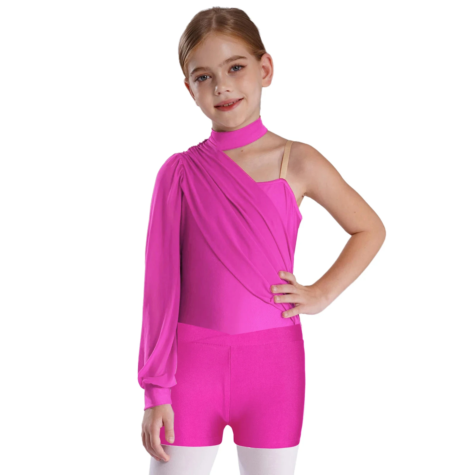 

Kids Girls Ballet Dance Costume Single Long Sleeve Leotard Bodysuit Shorts Set for Jazz Latin Dance Figure Skating Performance