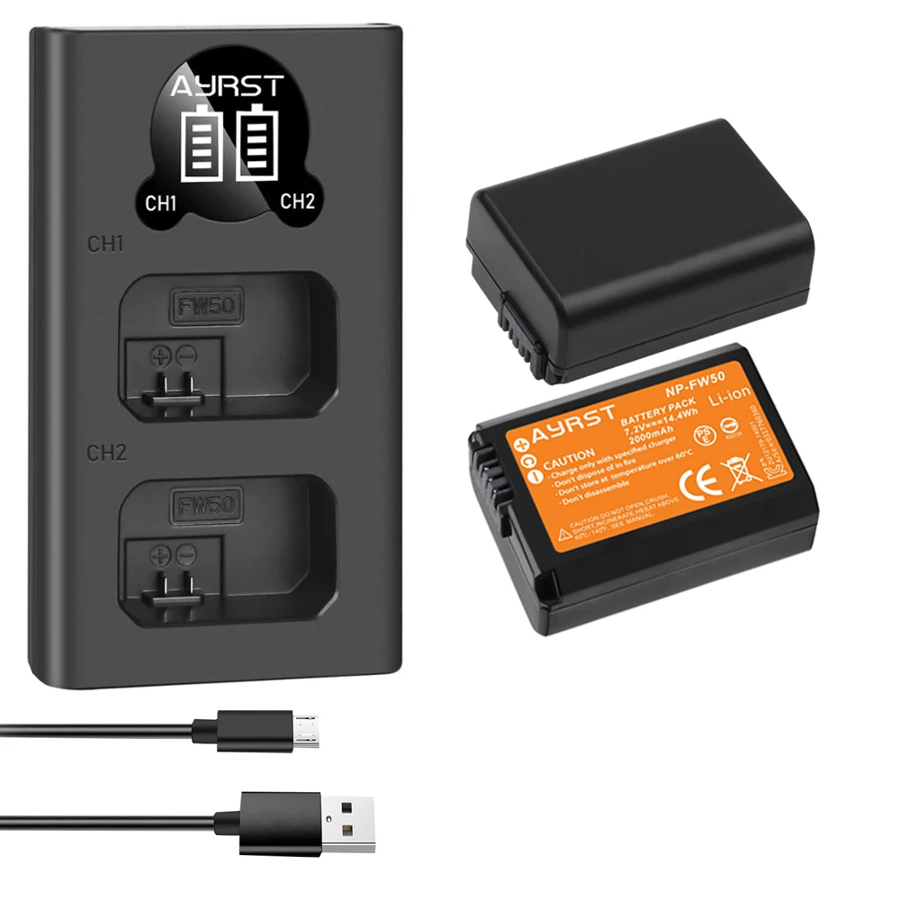 NP-FW50 NP FW50 Battery  2000mAh + LED USB Dual Charger for Sony A6000 A6400 A6300 A6500 A7 A7II A7RII A7SII A7S A7S2 A7R