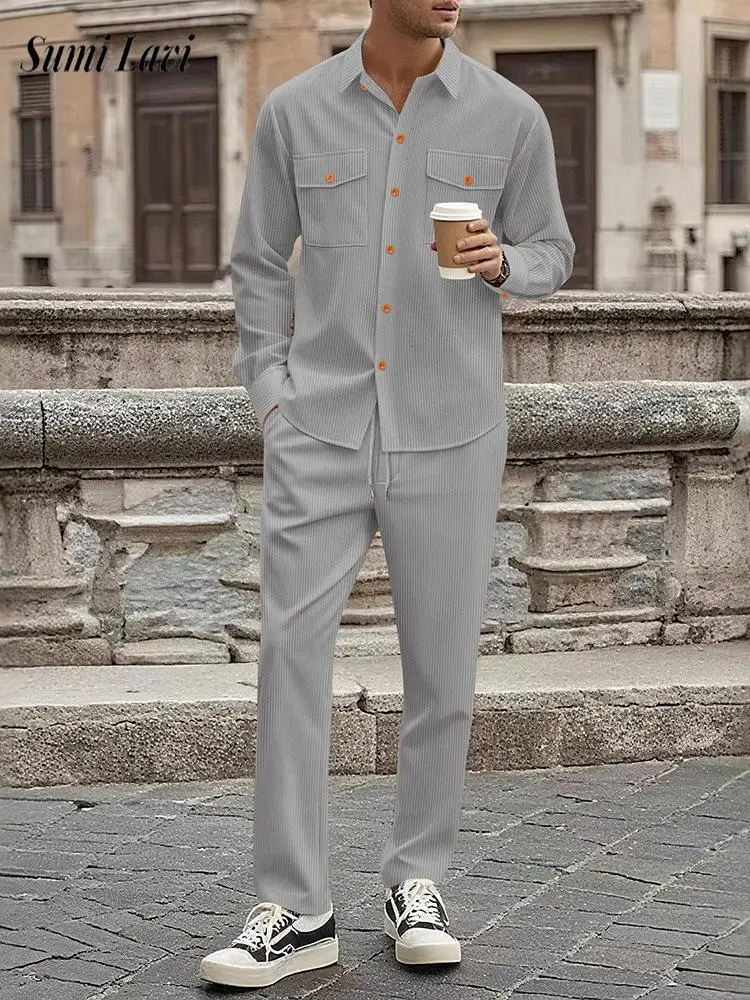 

Повседневные мужские вельветовые спортивные костюмы, осенне-зимняя модная рубашка с длинным рукавом и брюки, костюмы из двух предметов, мужские однотонные комплекты для отдыха