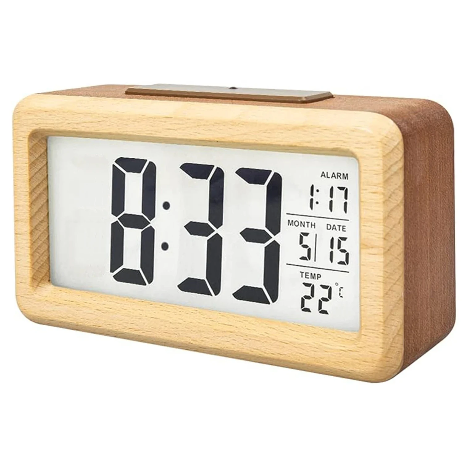 Decorative Wooden Alarm Clock with Calendar and Temperature Display. Modern Solid Wood Digital Clock for Desktop Decoration. Uni