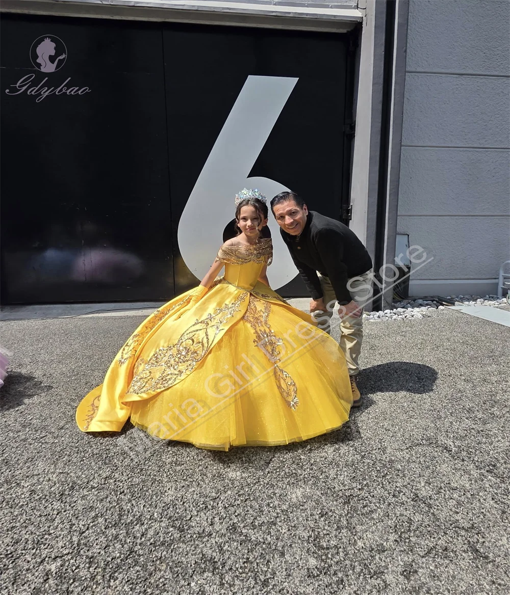 Luxury Yellow Girls' Birthday Party Dress Fluffy Gold Lace First Communion Bridesmaid Dress for Children