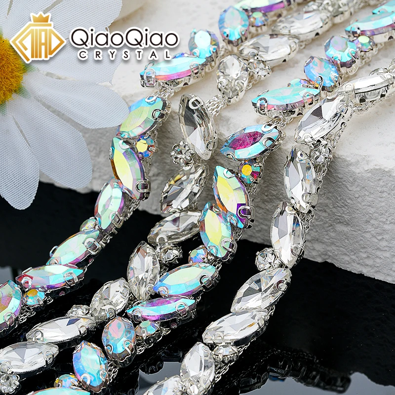 

QIAO 90cm Crystal GlassTrimmings Tape Glitter Beaded Rhinestone Chain Decoration Trim for Wedding Dress Clothing Accessories