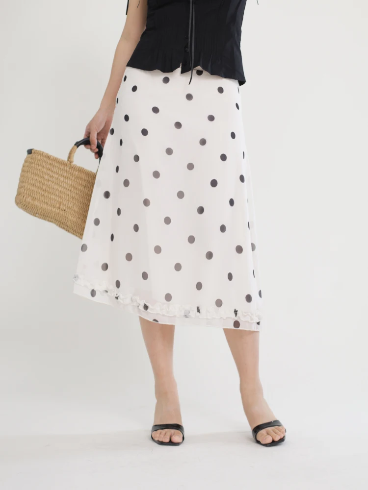 

Юбка А-силуэта с боковой молнией и двойным слоем ткани в горошек, из полиэстера, миди, для женщин