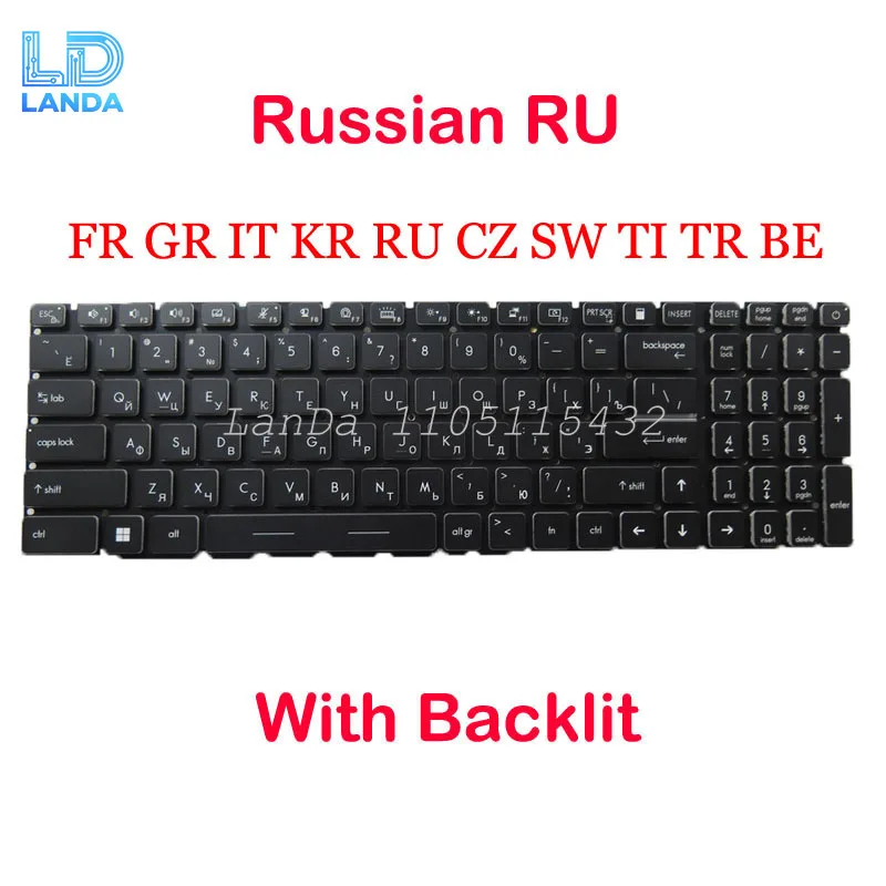 Monochrome Backlit FR GR RU Keyboard For MSI Creator 17-B11 Creator 17 B11UE B11UG B11UH MS-17M1 MS17M1 Black No Frame New