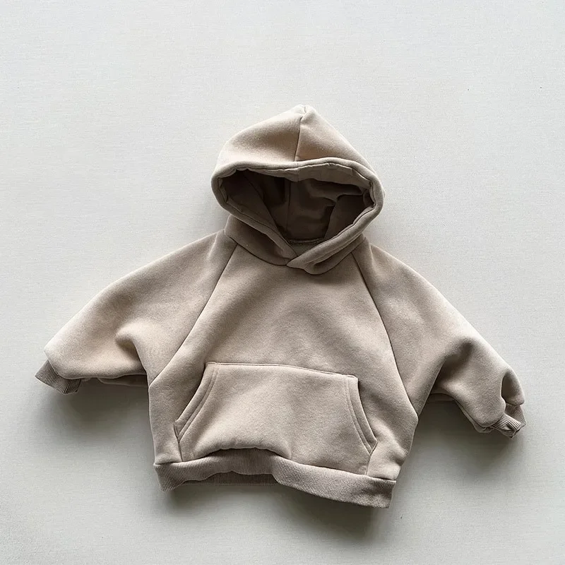 

Winter Fleece Solid Hoodies Baby Boys Casual Loose Pocket All-match Hooded Top Girls Simple Thick Pullover Cotton Clothes New