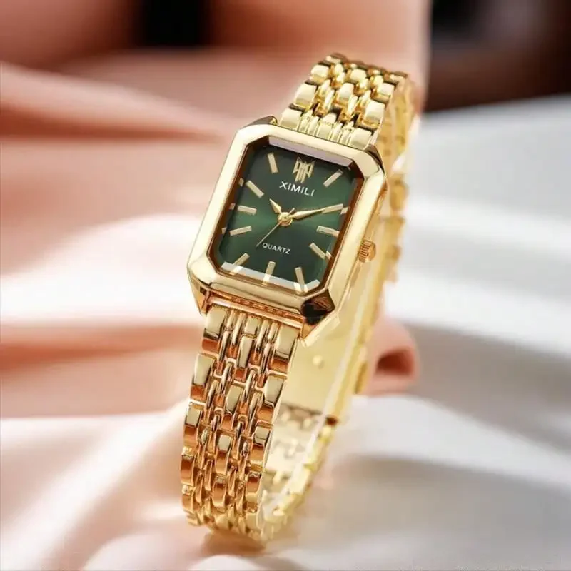 Retro Emerald Green Rectangular Gold Watch Dainty Heart Crystal Stack Bracelet Set