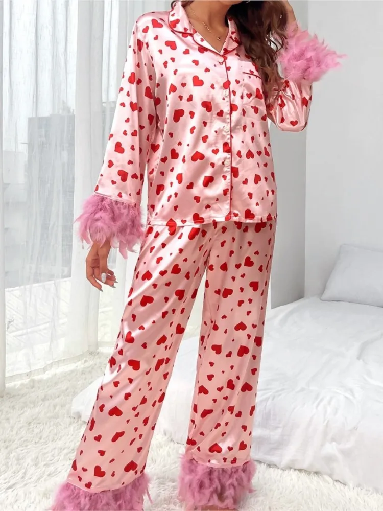 

Fashion Lapel Long-sleeved Single-breasted Shirt Top + Wide-leg Pants 2-piece Set For Women Spring Love Print Casual Suit Female