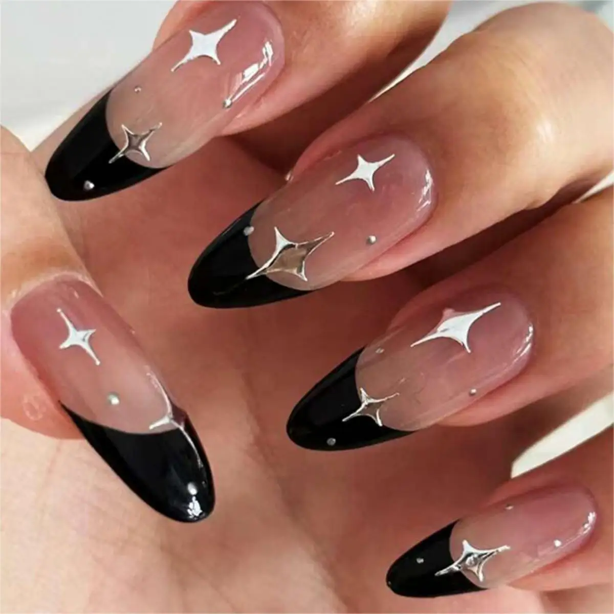 24Pcs/Set Women Girls Medium Drop Shape Black French Geometric Shape Printing Full Coverage Wearable Fake Nail Press on Nail Art