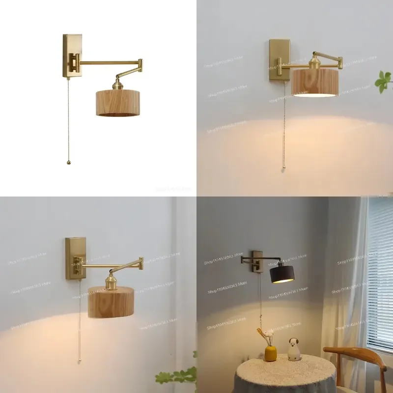 360° Swivel Wall Light with Zip Cord - Wooden Shade Bedroom Lamp, Plug-in Hallway Lighting, Cozy Home Decoration