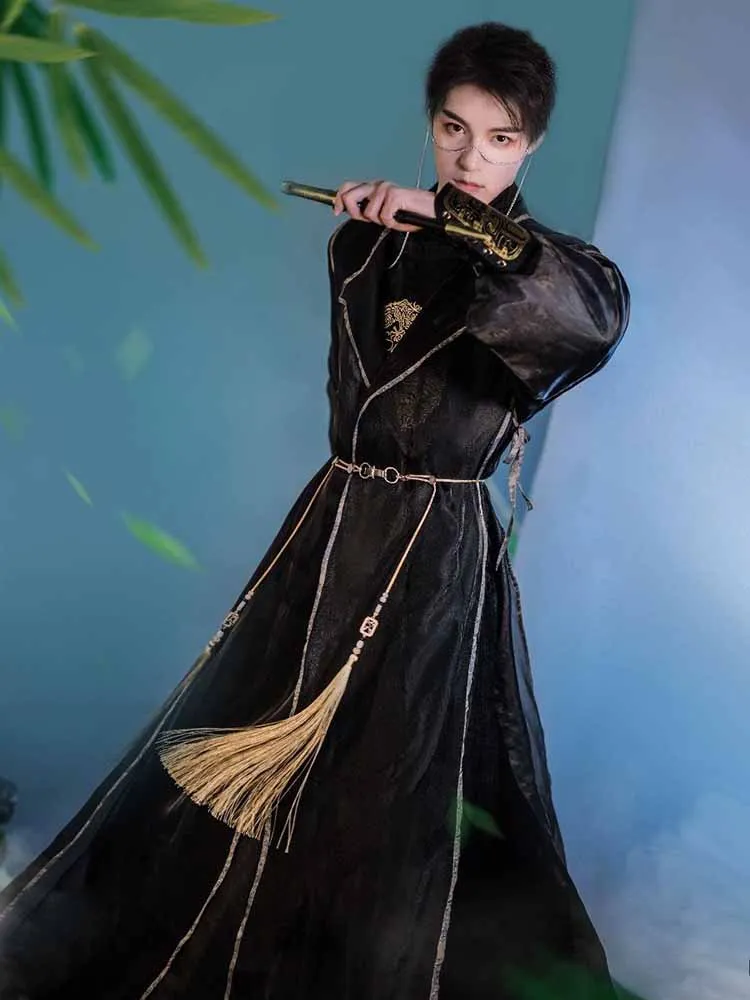 

Deluxe Hanfu Men Chinese Fashion Style Crewneck Long Black Sleeveless Vest Embroidered Gold Double Dragon Unisex Party Outfit