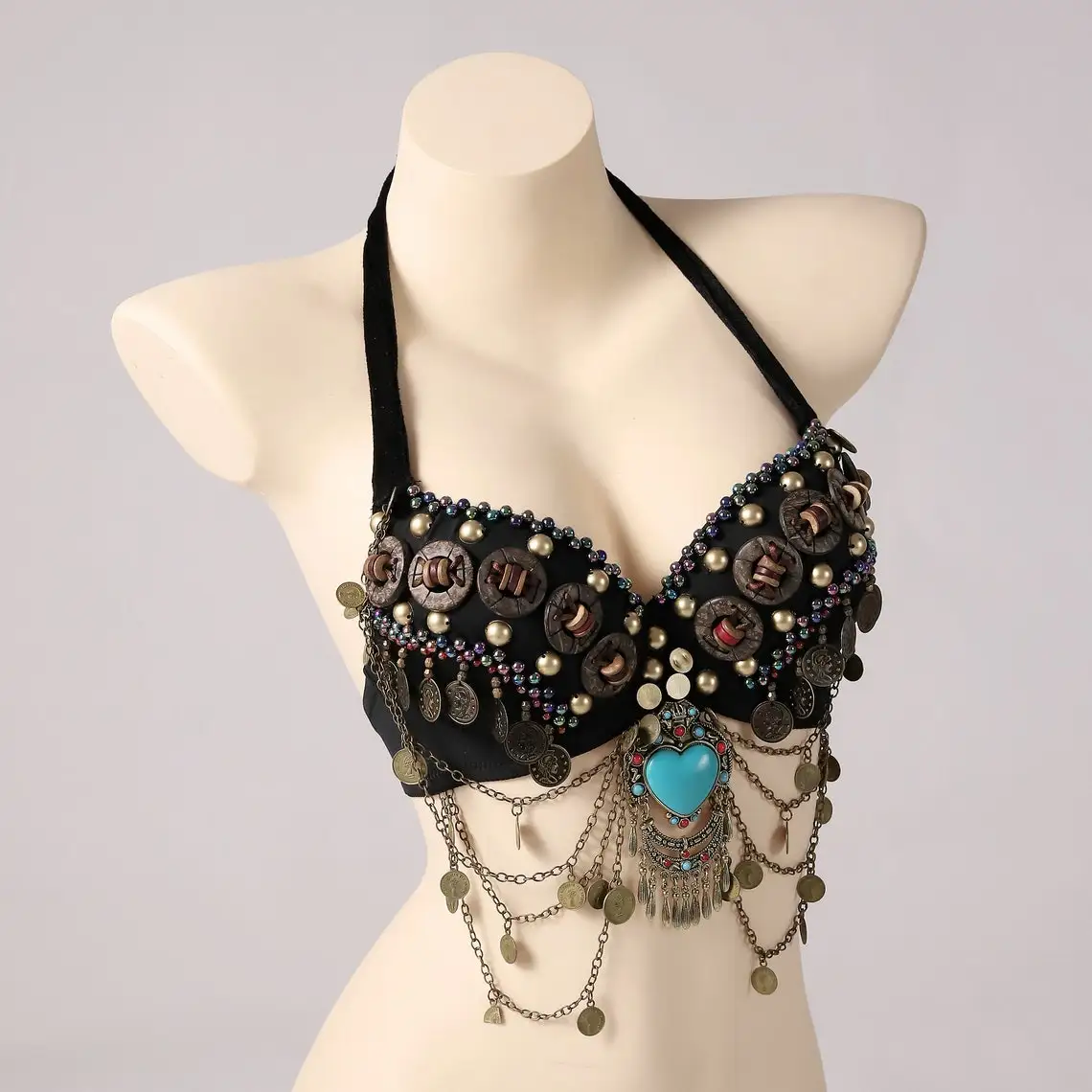 Vintage Gypsy Bra Tribal Belly Dance Push Up Bra Wooden Beads Top with Swags and Turquoise Medallion