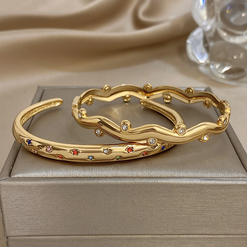 Greatera السماء المرصعة بالنجوم الملونة مكعب الزركون شغل مطعمة الكفة سوار للنساء سحر الذهب اللون ضوء مجوهرات شخصية فاخرة #4