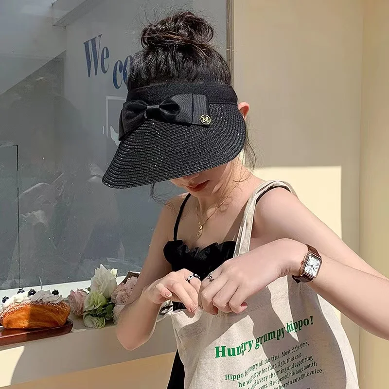 Neue Sommer leere Top Bast Strohhut Frauen Outdoor-Reise Strand Sonnencreme Anti-UV-Reiten Sonnenhut Mädchen große Krempe Bogen Visier Kappe – Detail 6