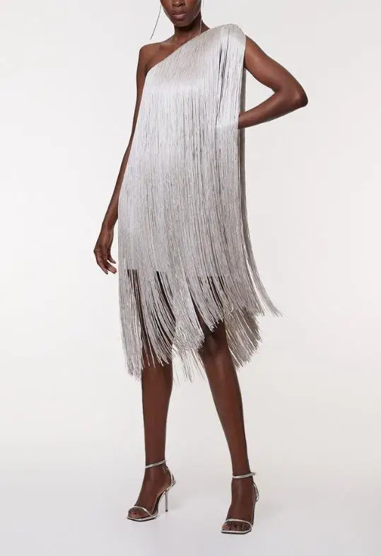 

Women's Dress Summer New Fashion Trend Temperament Personality Solid Color Slanted Collar Tassel Splicing Decoration Party Dress