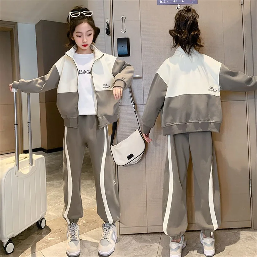 New Girls Letter Teen abbigliamento Casual Set giacca a due pezzi pantaloni Jogger abiti colore grigio bambini abiti 6 8 10 12 14 anni